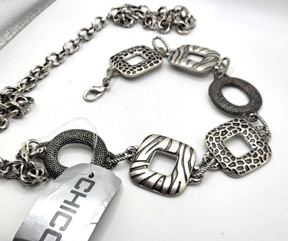 NWT Chico's Serengeti Chain Belt Silver Ox 45in $52